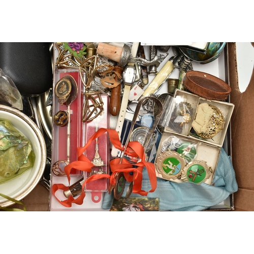 105 - A BOX OF ASSORTED ITEMS, to include various sporting medals, costume jewellery, 'Stratton' compact, ... 