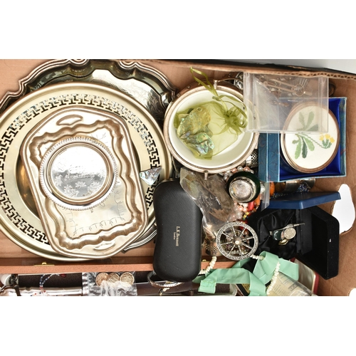 105 - A BOX OF ASSORTED ITEMS, to include various sporting medals, costume jewellery, 'Stratton' compact, ... 