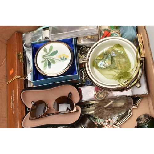 105 - A BOX OF ASSORTED ITEMS, to include various sporting medals, costume jewellery, 'Stratton' compact, ... 