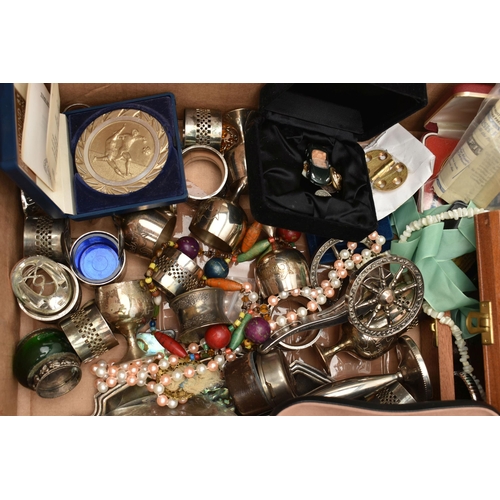 105 - A BOX OF ASSORTED ITEMS, to include various sporting medals, costume jewellery, 'Stratton' compact, ... 