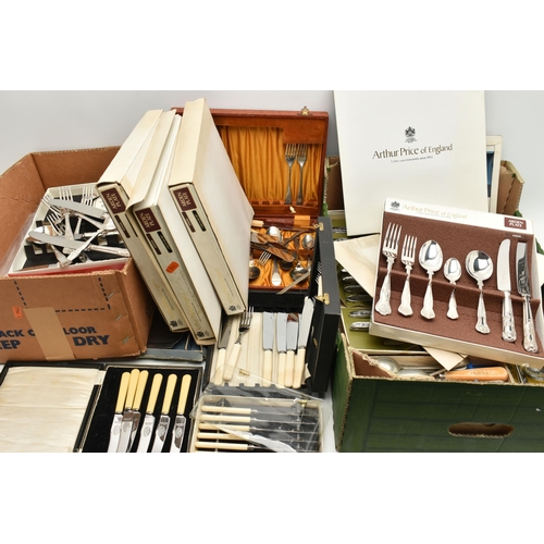 106 - A BOX OF ASSORTED CUTLERY, to include four boxed sets of 'Arthur Price of England' Kings Pattern cut... 