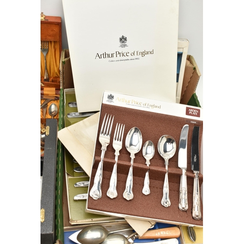 106 - A BOX OF ASSORTED CUTLERY, to include four boxed sets of 'Arthur Price of England' Kings Pattern cut... 