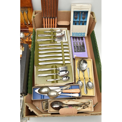 106 - A BOX OF ASSORTED CUTLERY, to include four boxed sets of 'Arthur Price of England' Kings Pattern cut... 