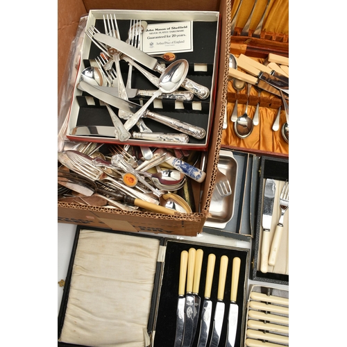 106 - A BOX OF ASSORTED CUTLERY, to include four boxed sets of 'Arthur Price of England' Kings Pattern cut... 