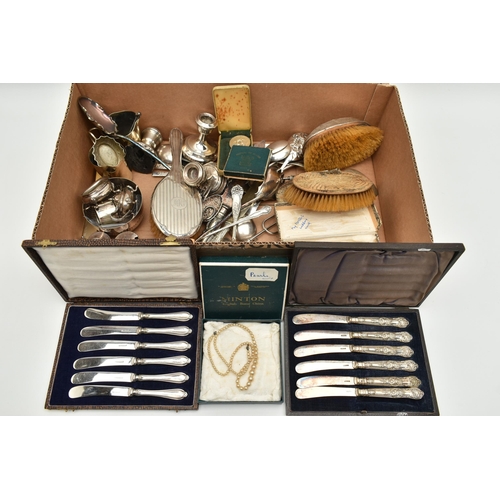 107 - A BOX OF ASSORTED METAL WARE, to include three damaged dwarf candle sticks, two hallmarked Birmingha... 