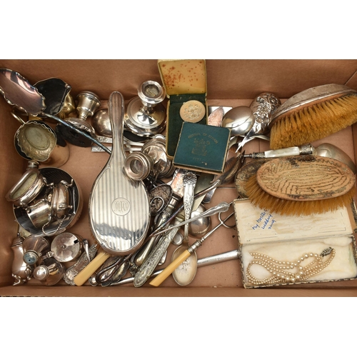 107 - A BOX OF ASSORTED METAL WARE, to include three damaged dwarf candle sticks, two hallmarked Birmingha... 