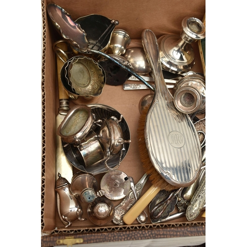 107 - A BOX OF ASSORTED METAL WARE, to include three damaged dwarf candle sticks, two hallmarked Birmingha... 