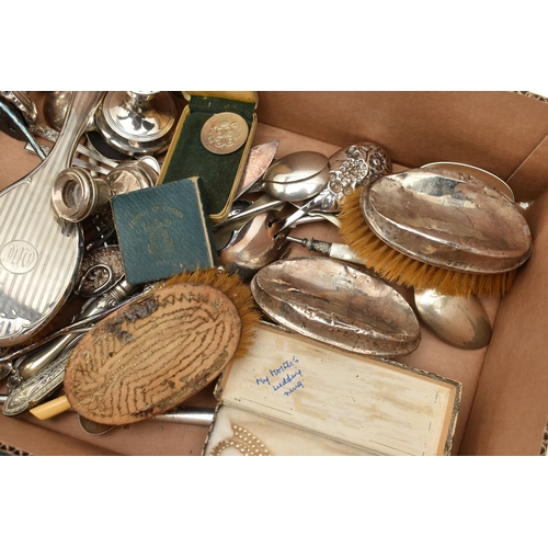 107 - A BOX OF ASSORTED METAL WARE, to include three damaged dwarf candle sticks, two hallmarked Birmingha... 