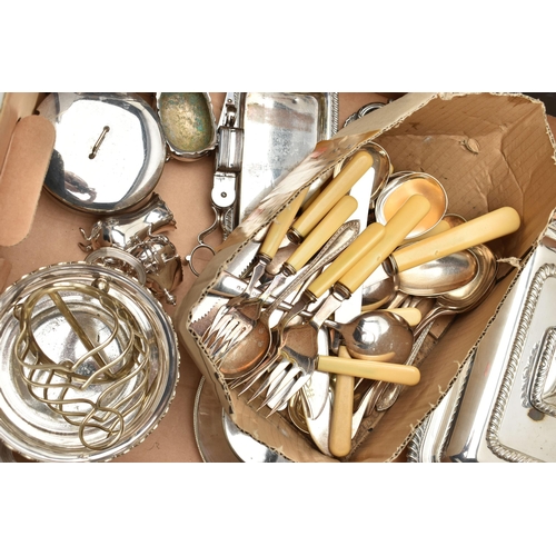 108 - A BOX OF WHITE METAL WARE, to include a large rectangular double handled tray, a gravy boat, toast r... 