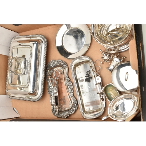 108 - A BOX OF WHITE METAL WARE, to include a large rectangular double handled tray, a gravy boat, toast r... 