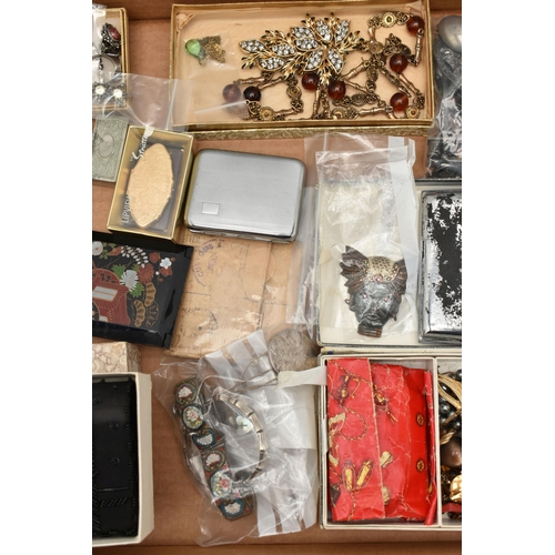 110 - A BOX OF ASSORTED ITEMS, to include a silver hinged bamboo bangle, hallmarked Birmingham, a small si... 