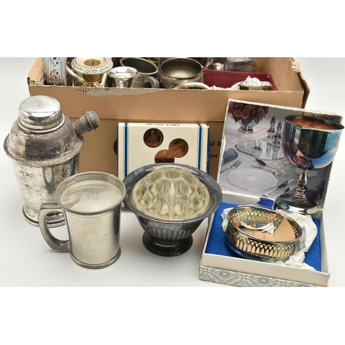 111 - A BOX OF ASSORTED WHITE METAL WARE, to include two pewter half pint tankards, two three branch candl... 