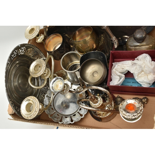 111 - A BOX OF ASSORTED WHITE METAL WARE, to include two pewter half pint tankards, two three branch candl... 