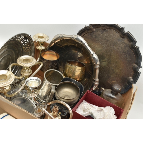 111 - A BOX OF ASSORTED WHITE METAL WARE, to include two pewter half pint tankards, two three branch candl... 