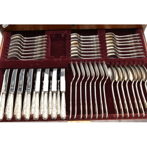 112 - A LARGE CANTEEN OF SILVER CUTLERY, a mahogany canteen with hinged lid and two drawers, encasing an a... 