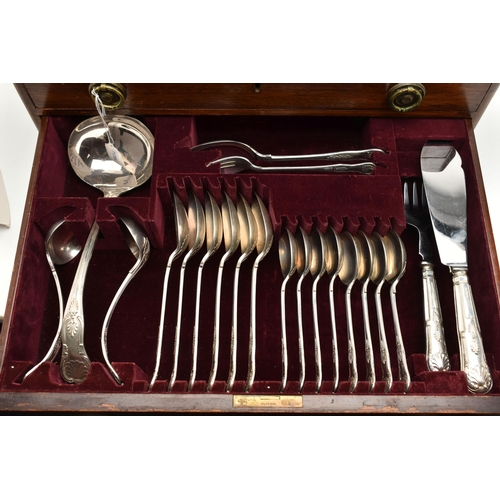 112 - A LARGE CANTEEN OF SILVER CUTLERY, a mahogany canteen with hinged lid and two drawers, encasing an a... 