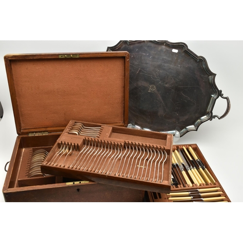 113 - A CANTEEN OF CUTLERY AND SERVING TRAY, a wooden canteen encasing an incomplete set of cutlery, toget... 