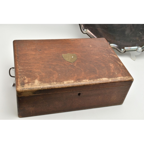 113 - A CANTEEN OF CUTLERY AND SERVING TRAY, a wooden canteen encasing an incomplete set of cutlery, toget... 