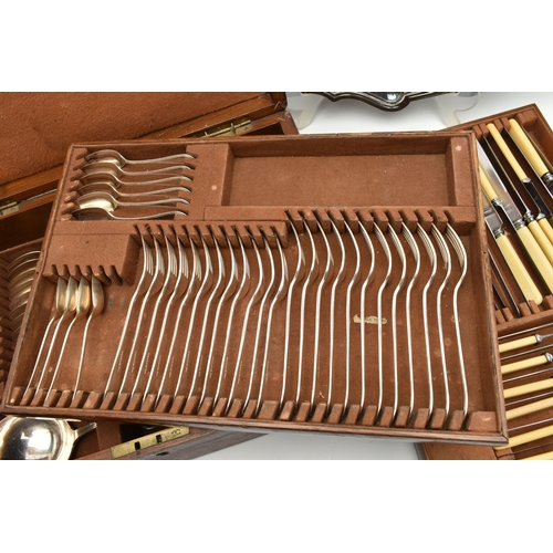 113 - A CANTEEN OF CUTLERY AND SERVING TRAY, a wooden canteen encasing an incomplete set of cutlery, toget... 