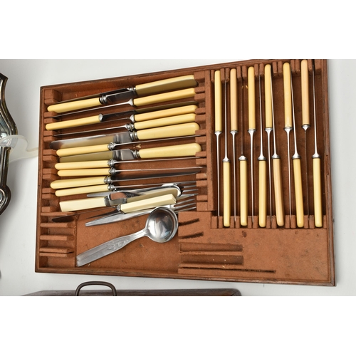 113 - A CANTEEN OF CUTLERY AND SERVING TRAY, a wooden canteen encasing an incomplete set of cutlery, toget... 