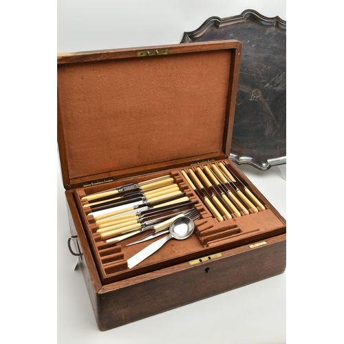 113 - A CANTEEN OF CUTLERY AND SERVING TRAY, a wooden canteen encasing an incomplete set of cutlery, toget... 