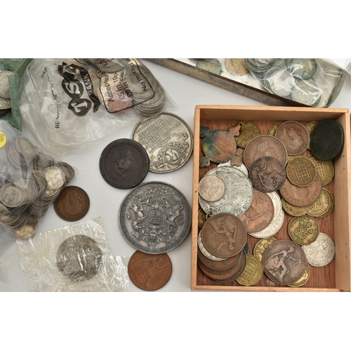 115 - A CARDBOARD BOX CONTAINING MIXED COINS, to include  a James II Shilling coin 1685, a George II Shill... 