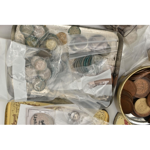 115 - A CARDBOARD BOX CONTAINING MIXED COINS, to include  a James II Shilling coin 1685, a George II Shill... 