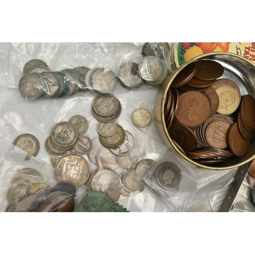 115 - A CARDBOARD BOX CONTAINING MIXED COINS, to include  a James II Shilling coin 1685, a George II Shill... 