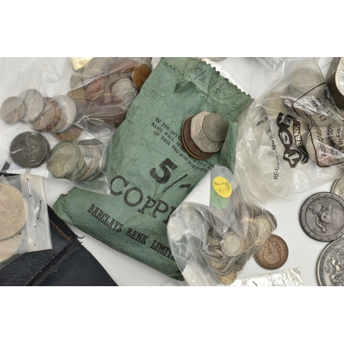 115 - A CARDBOARD BOX CONTAINING MIXED COINS, to include  a James II Shilling coin 1685, a George II Shill... 