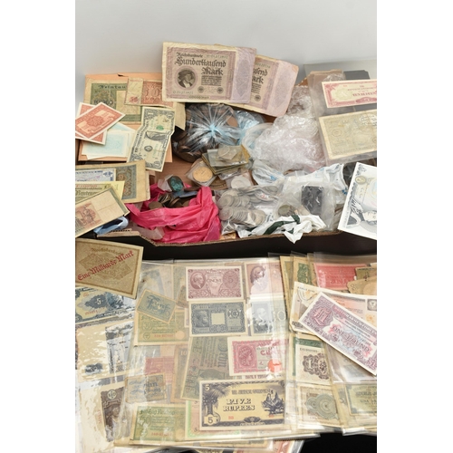 117 - A LARGE AND HEAVY BOX OF COINS, BANKNOTES AND COMMEMORATIVES, to include world banknotes out of circ... 