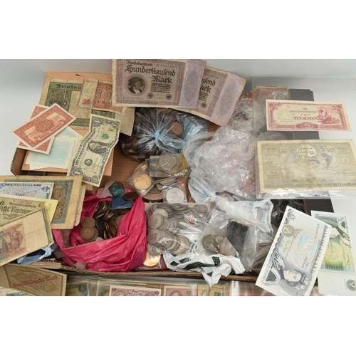 117 - A LARGE AND HEAVY BOX OF COINS, BANKNOTES AND COMMEMORATIVES, to include world banknotes out of circ... 