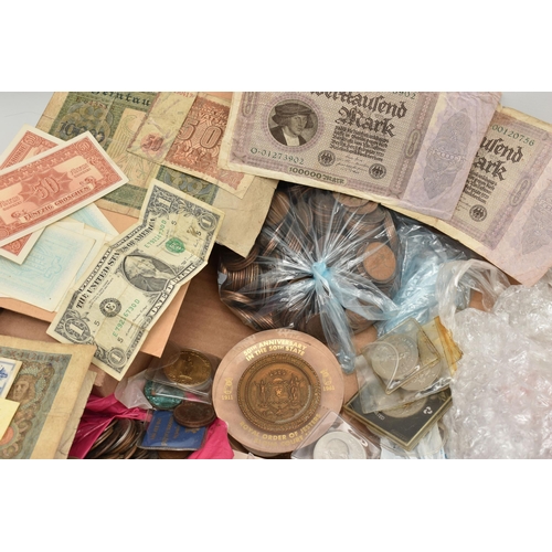 117 - A LARGE AND HEAVY BOX OF COINS, BANKNOTES AND COMMEMORATIVES, to include world banknotes out of circ... 