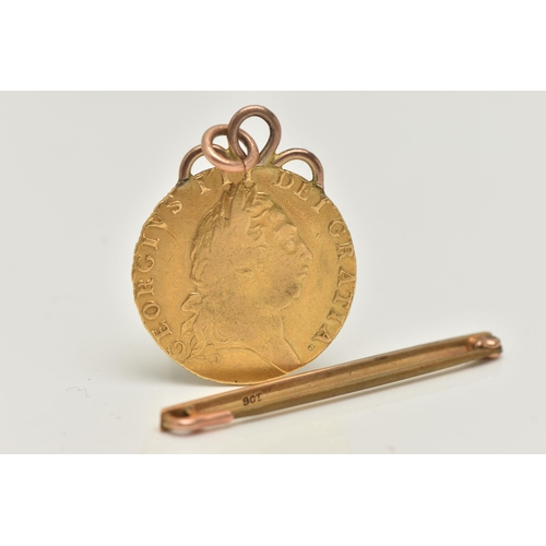 120 - A GEORGE III 1791 GOLD GUINEA WITH GOLD MOUNT, approximate weight 9.02 grams, together with a 9ct go... 