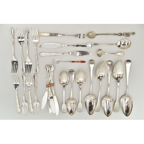 123 - A SELECTION OF SILVER AND WHITE METAL CUTLERY, to include two Georgian fiddle pattern tablespoons, e... 