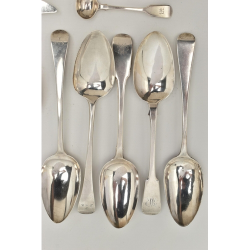 123 - A SELECTION OF SILVER AND WHITE METAL CUTLERY, to include two Georgian fiddle pattern tablespoons, e... 