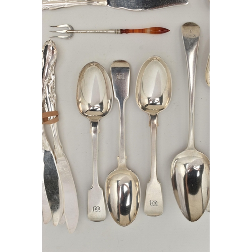 123 - A SELECTION OF SILVER AND WHITE METAL CUTLERY, to include two Georgian fiddle pattern tablespoons, e... 