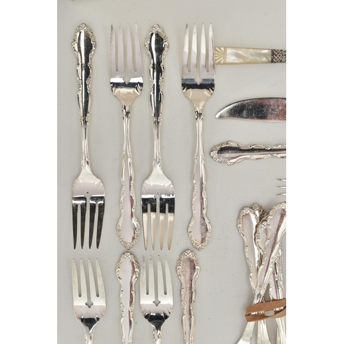 123 - A SELECTION OF SILVER AND WHITE METAL CUTLERY, to include two Georgian fiddle pattern tablespoons, e... 