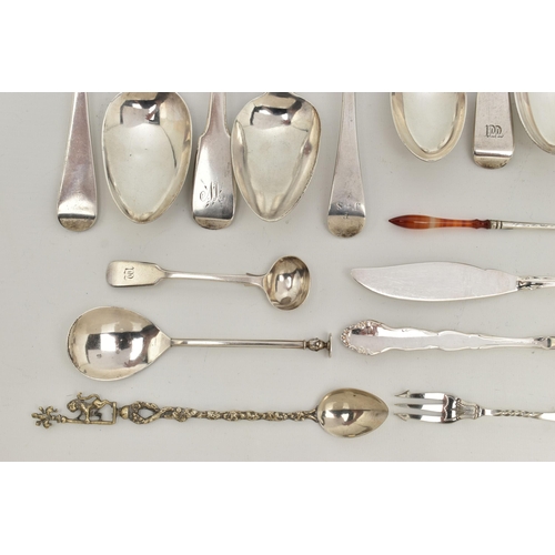 123 - A SELECTION OF SILVER AND WHITE METAL CUTLERY, to include two Georgian fiddle pattern tablespoons, e... 