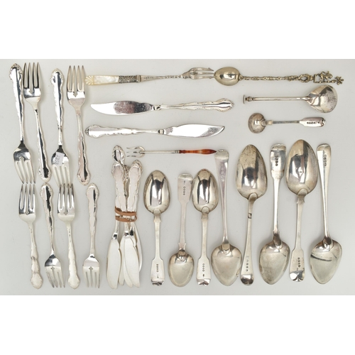 123 - A SELECTION OF SILVER AND WHITE METAL CUTLERY, to include two Georgian fiddle pattern tablespoons, e... 