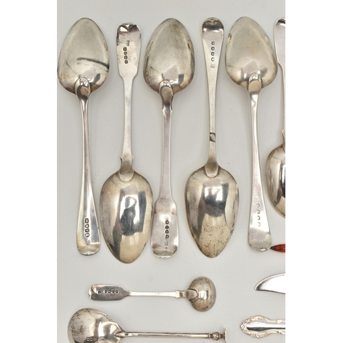 123 - A SELECTION OF SILVER AND WHITE METAL CUTLERY, to include two Georgian fiddle pattern tablespoons, e... 