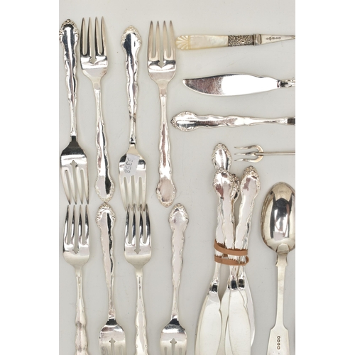 123 - A SELECTION OF SILVER AND WHITE METAL CUTLERY, to include two Georgian fiddle pattern tablespoons, e... 