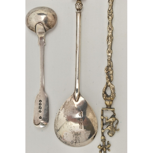 123 - A SELECTION OF SILVER AND WHITE METAL CUTLERY, to include two Georgian fiddle pattern tablespoons, e... 