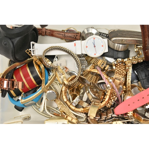 85 - A BOX OF ASSORTED LADIES AND GENTS WRISTWATCHES AND LIGHTERS, mostly quartz watches names to include... 