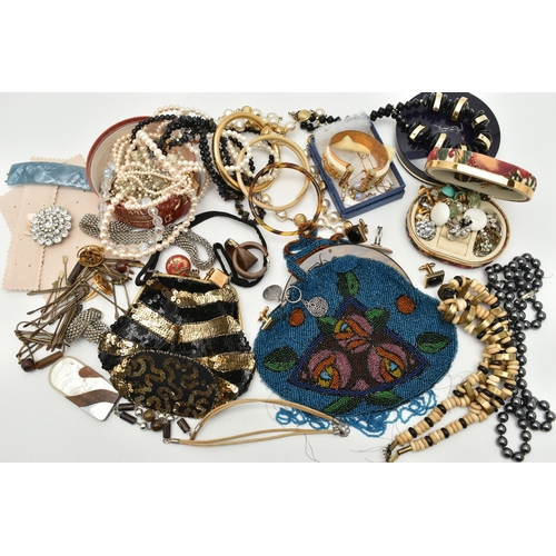 88 - A BOX OF ASSORTED COSTUME JEWELLERY, to include a polished rolled gold bangle, beaded necklaces, imi... 