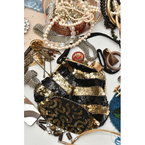 88 - A BOX OF ASSORTED COSTUME JEWELLERY, to include a polished rolled gold bangle, beaded necklaces, imi... 