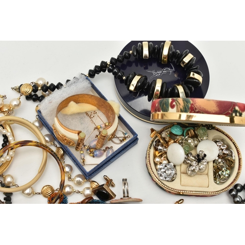 88 - A BOX OF ASSORTED COSTUME JEWELLERY, to include a polished rolled gold bangle, beaded necklaces, imi... 