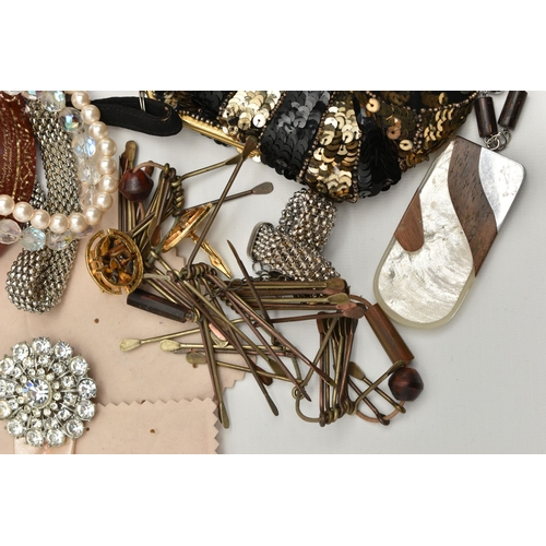 88 - A BOX OF ASSORTED COSTUME JEWELLERY, to include a polished rolled gold bangle, beaded necklaces, imi... 