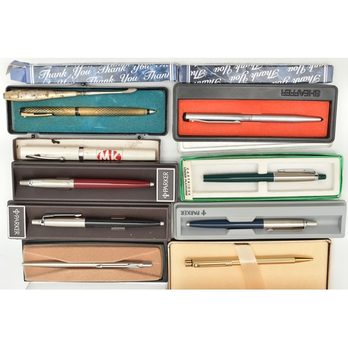 91 - ASSORTED PENS, to include a boxed gold plated, engine turned pattern 'Sheaffer' ball point pen, a bo... 