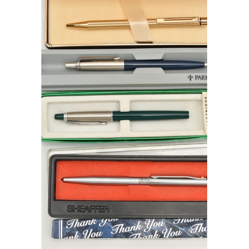 91 - ASSORTED PENS, to include a boxed gold plated, engine turned pattern 'Sheaffer' ball point pen, a bo... 