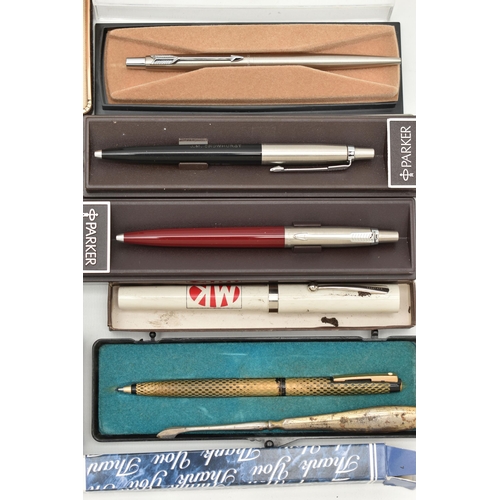 91 - ASSORTED PENS, to include a boxed gold plated, engine turned pattern 'Sheaffer' ball point pen, a bo... 